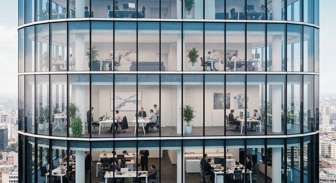 Modern Office Tower with Professionals Working Inside, High-rise Building Featuring Glass Facade