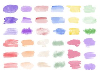 Big set of colorful watercolor stains. Collection of brushstrokes, blots, and paint streaks. Translucent abstract shapes for design. Vector graphic