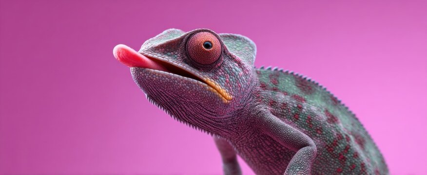 Close-up of a colorful chameleon with its long tongue against a vivid pink background.