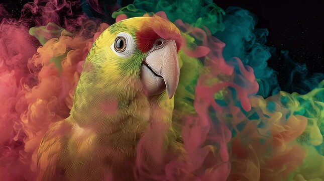 Vibrant parrot surrounded by colorful smoke effects in studio