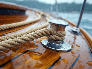 Rainy Day on a Boat: Close-up of Cleat and Rope