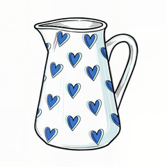 Porcelain milk jug with blue heart pattern on white background  