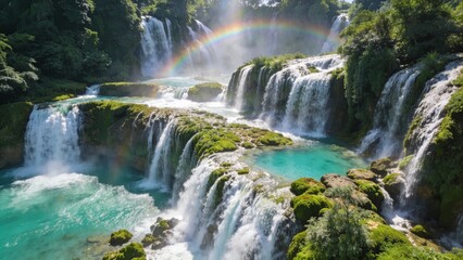 Obraz premium Serene waterfall in tropical paradise with soft sunlight and mist