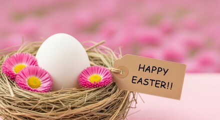 Easter egg in nest with pink flowers and Happy Easter tag