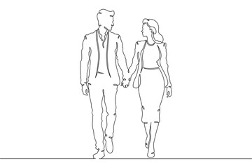 Continuous single line drawing a date between two lovers. A man and a woman walking. Romance. Lovers holding hands. A symbol of love. Linear.One continuous line isolated minimalist illustration 