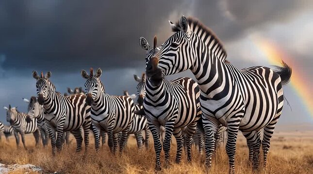 A herd of zebras stand in a field with a rainbow appearing in the stormy sky