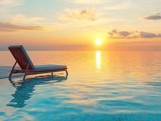 Serene Sunset Over Ocean with Poolside Lounge Chair