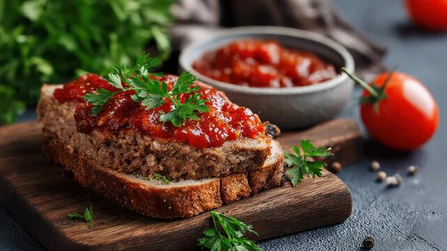 Delicious homemade meatloaf with tangy tomato sauce and fresh parsley garnish
