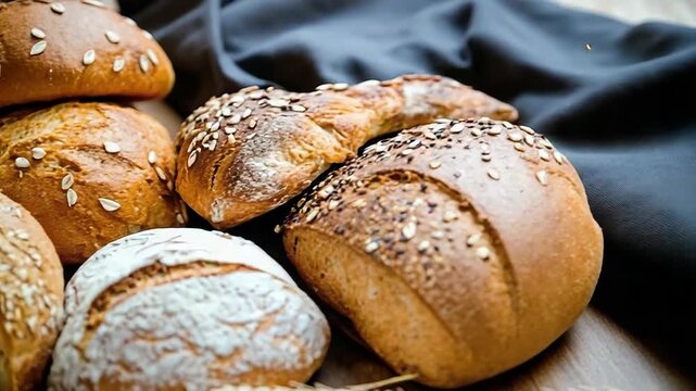 Fresh variety of artisan bread with grains and wheat on rustic table