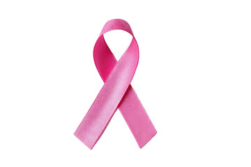 A vibrant pink ribbon symbol, the universal emblem of breast cancer awareness, set against black