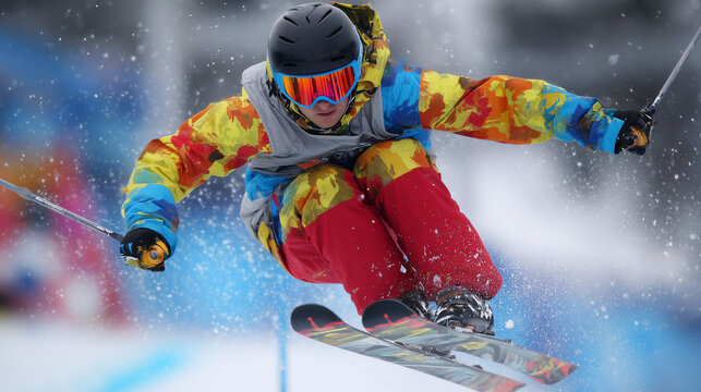 Freestyle Skier Performing Aerial Trick in Colorful Gear