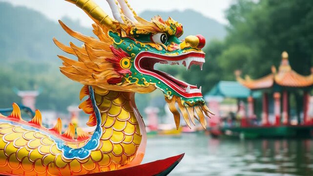 Vibrant dragon boat head in motion on tranquil lake with traditional decor