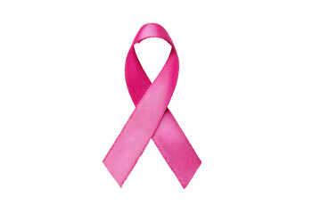 A glossy pink ribbon, the iconic symbol, isolated on a stark black background