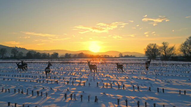 A serene winter landscape at sunset, featuring reindeer and herders across a snow-covered field. The scene captures the beauty of nature in a cold, frozen environment.