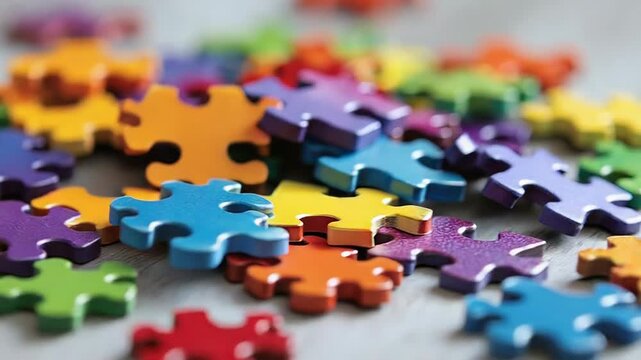 Vibrant puzzle pieces scatter and settle creating a colorful tapestry of shapes and shadows