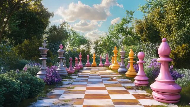 Giant chess pieces amidst enchanted outdoor garden: a surreal blend of nature and strategy