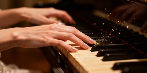 Obraz premium Woman's hands playing the piano and gold particles
