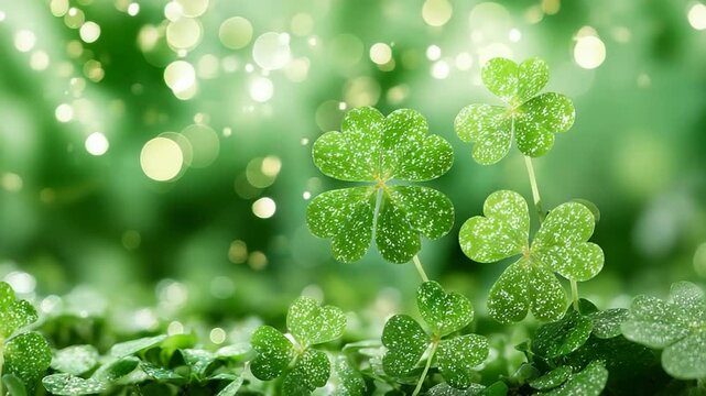 Sparkling shamrocks in lush greenery: enchanting growth of glittering clover leaves. St. Patrick's Day