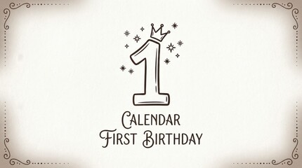 Naklejka premium first birthday party line art calendar cover template illustration template featuring large number one with crown and stars on light neutral background with subtle vignette
