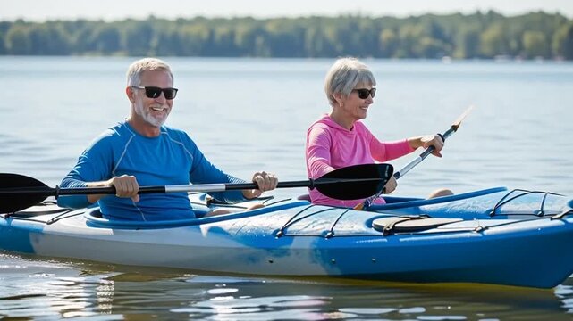 Elderly Couple Kayaking Together on Serene Lake.