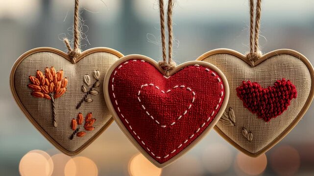 Valentine's day in eco friendly concept.valentine eco heart ornament handmade fabric love romantic rustic decoration gift scene with soft charm gentle mood cozy couple city light background view