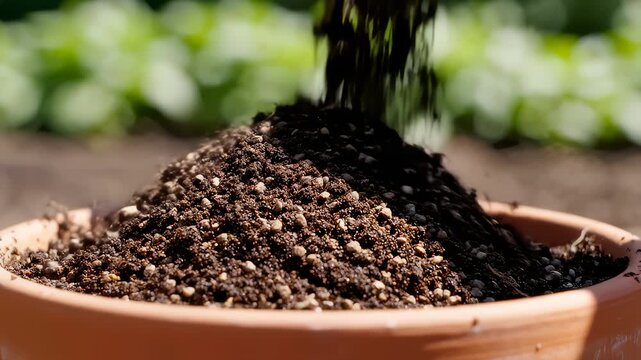 Person Burying a Seedling With Dark Soil in Flower Pot Close Up