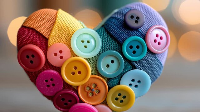 Valentine's day in eco friendly concept.heart button fabric rainbow colorful eco valentine love craft handmade decoration, tender textile heart shape with bright button detail on rustic wooden table