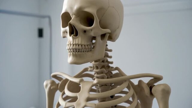 Human skeletal anatomy model, featuring ribs, spine, and pelvis, displayed for educational purposes in a medical or scientific environment.