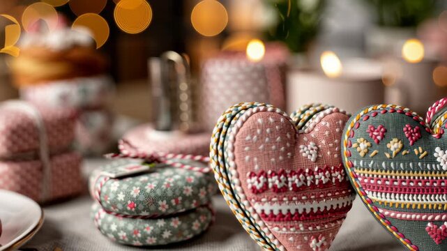 Valentine's day in eco friendly concept.valentine heart ornament eco candle glow handmade gift and cookie decor romantic cozy embroidery scene with rustic wooden table, soft bokeh light, festive mood