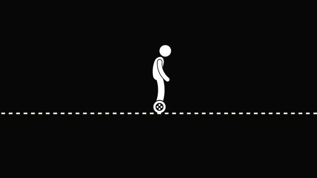 Minimalist stick figure riding hoverboard on dotted line black background minimalist black background