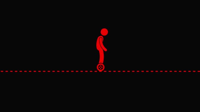 Red Stick Figure Riding Unicycle on Dotted Line Against Black Background unicycling simple animation