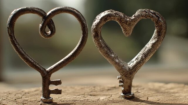 Valentine's day in eco friendly concept.love heart key metal rustic eco valentine romance couple symbol on tree stump and wooden slice with warm sunlight decor for sustainable commitment loyalty gift