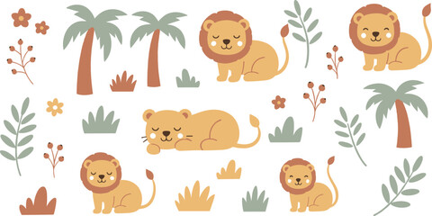 Cute lion and jungle pattern with palm trees leaves flowers and safari animals seamless vector illustration background © MdYeasin