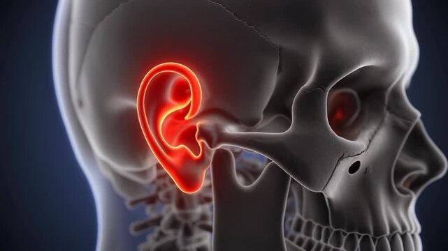 3D rendering of human skull with a glowing red ear, symbolizing otalgia, inflammation, or an area of medical concern.