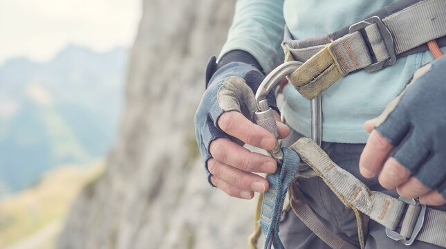 Climber prepares for ascent while facing acrophobia on a rocky mountain during daytime in an outdoor climbing location Generative AI