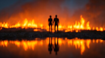 Fototapeta premium Two silhouetted figures stand before a dramatic backdrop of flames, reflecting in water, creating a striking contrast of light and shadow.