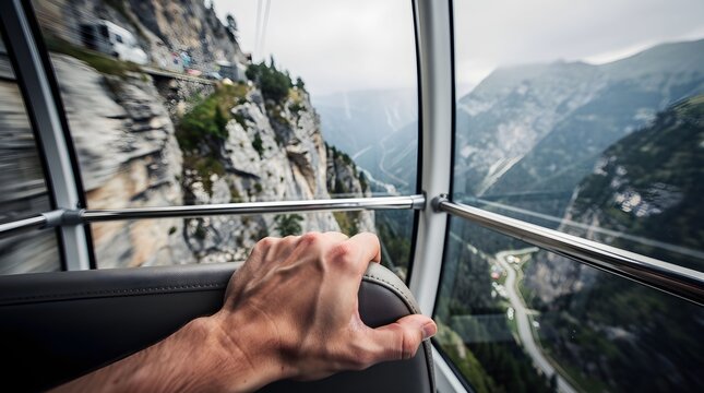 Person holding on in a cable car with a view of cliffs and mountains on a cloudy day experiencing fear of heights in a scenic location Generative AI