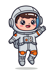 Cute cartoon astronaut waving and floating in space wearing a spacesuit illustration