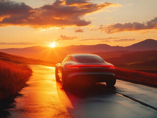 Sleek Car at Sunset on a Scenic Road