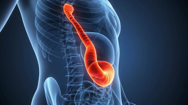 Medical illustration highlighting inflamed human stomach and esophagus inside blue x-ray torso for gastroenterology concepts.
