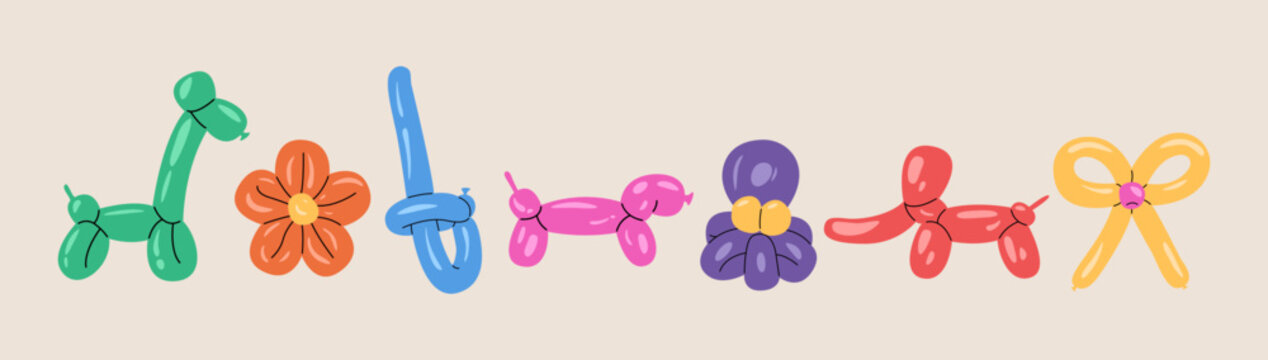 Balloon twisting set. Birthday celebration party. Colorful vector illustration