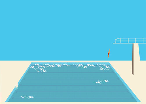 Minimalist illustration of an empty outdoor swimming pool with a diving board. Calm summer atmosphere, sports and recreation concept.
