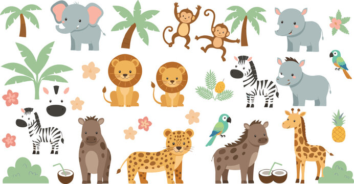 Cute safari animal set with lions elephants zebras monkeys giraffes parrots and jungle plants vector illustrations isolated