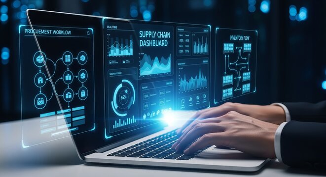 Hands typing on a laptop displaying an advanced supply chain dashboard with real-time data insights.
