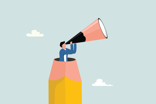 Creative search for ideas or inspiration, research for designers and writers, finding creativity, conceptualizing solutions, creative people open their pencils and use them as telescopes to see vision