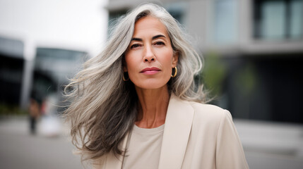 Fototapeta premium Confident businesswoman with long flowing silver gray hair outdoors. Elegant professional mature woman portrait, luxury fashion career success, aging gracefully, empowerment leadership lifestyle.