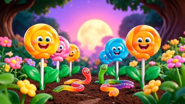 Surreal Garden with Gummy Worms and Smiling Lollipop Flowers