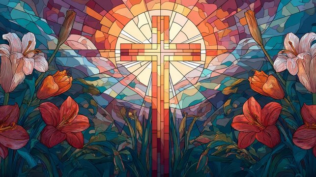 A vibrant, traditional stained-glass illustration of bright sunny glorious Easter resurrection Christian cross beautiful radiant spring colors for artistic religious card background