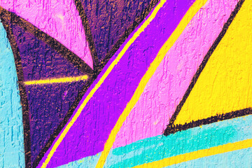 Naklejka premium Abstract geometric street art with sharp shapes in purple, pink, yellow, blue. Neon colors, 80s pop style, fluorescent glow, bold lines. Posters, digital art, flyers, summer visuals, creative banner.