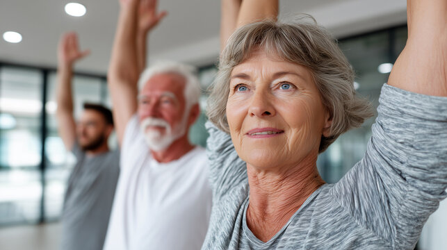 Senior woman raising arms during group fitness class, wellness center. Mature adults exercising, physical therapy, healthy aging, rehabilitation, stretching, active lifestyle, vitality.